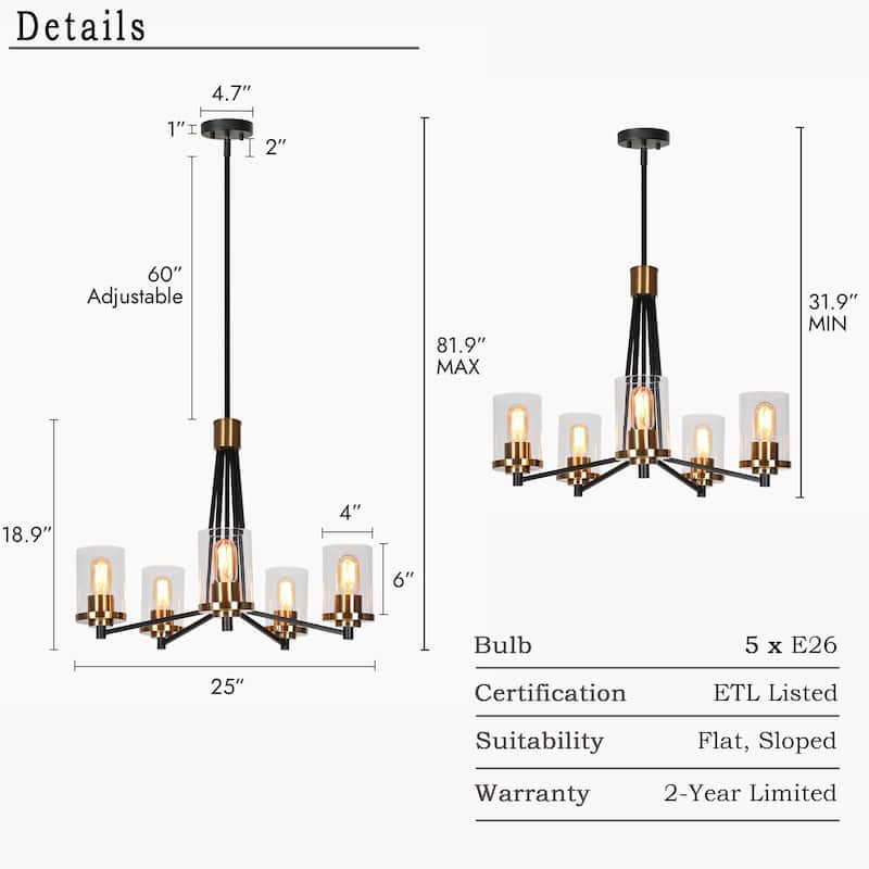 Modern Contemporary 5-Light Black Gold Wheel Chandelier Glass Pendant Light for Dining Room - 25 " D