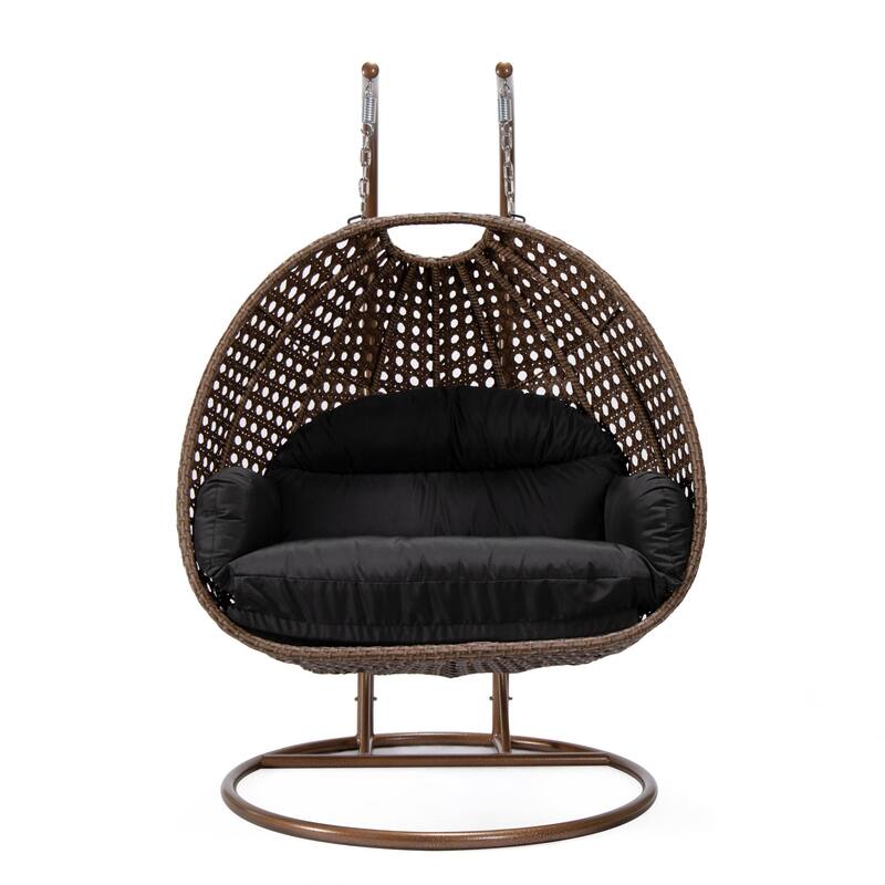 LeisureMod Mendoza Dark Brown 2 Seater Wicker Patio Hanging Double Swing Chair for Patio Porch Backyard Garden - 53"