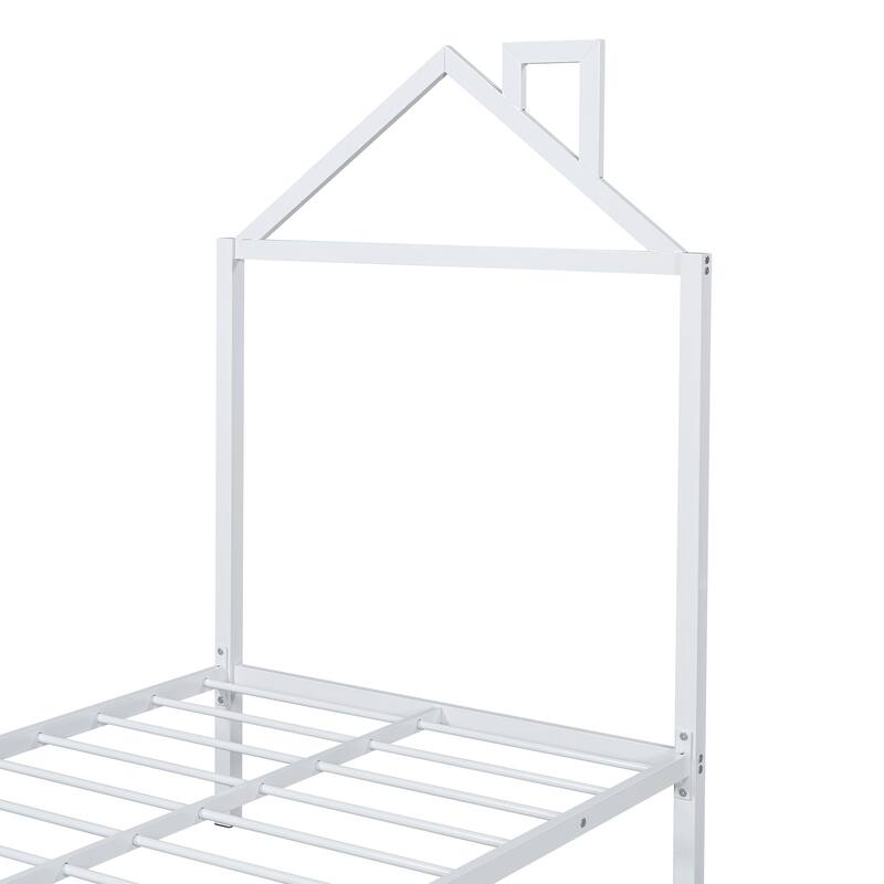 Metal Platform Bed with Twin Size Trundle,House-Shaped Headboard