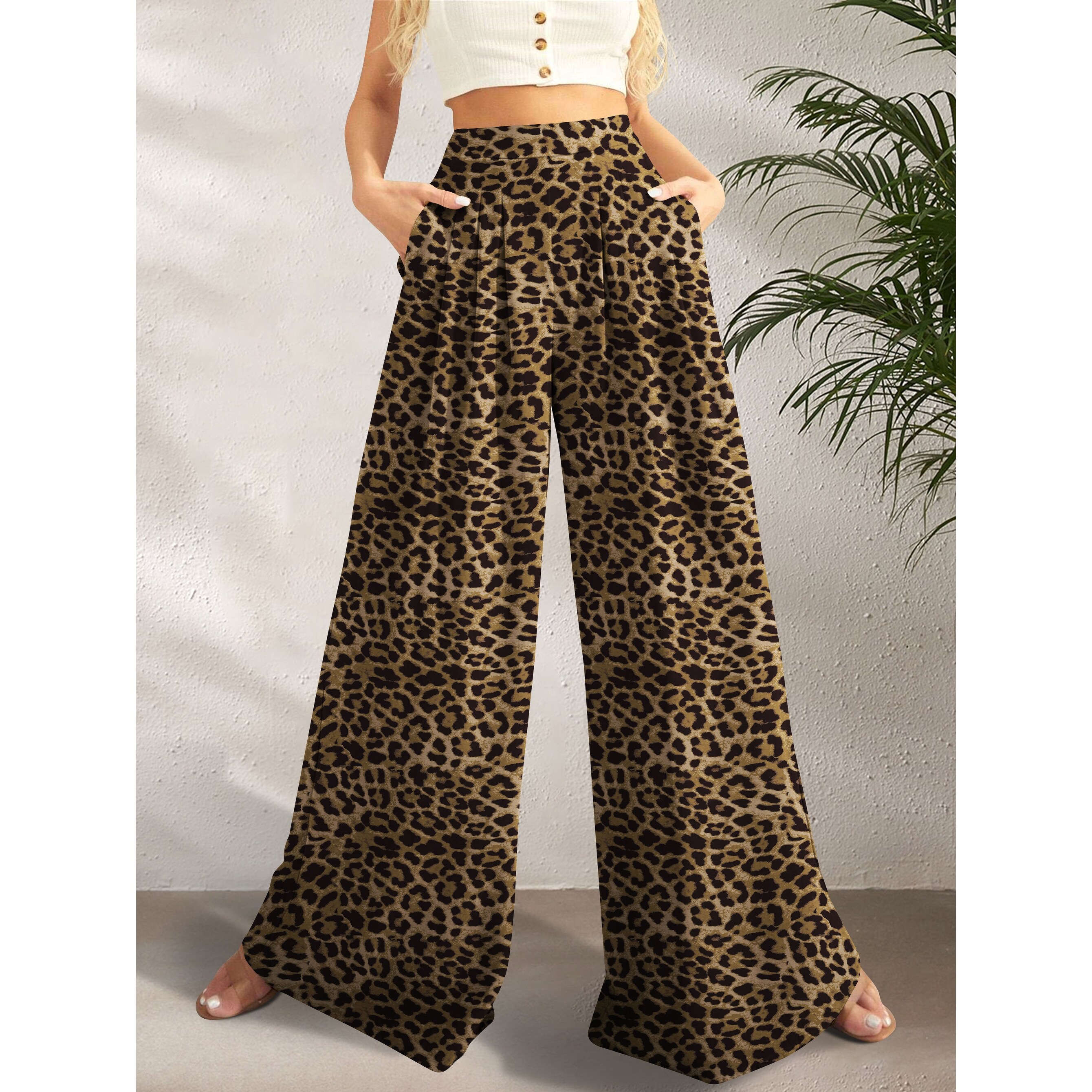 Brown Leopard Print High Waist Wide Leg Pants - Bed Bath & Beyond