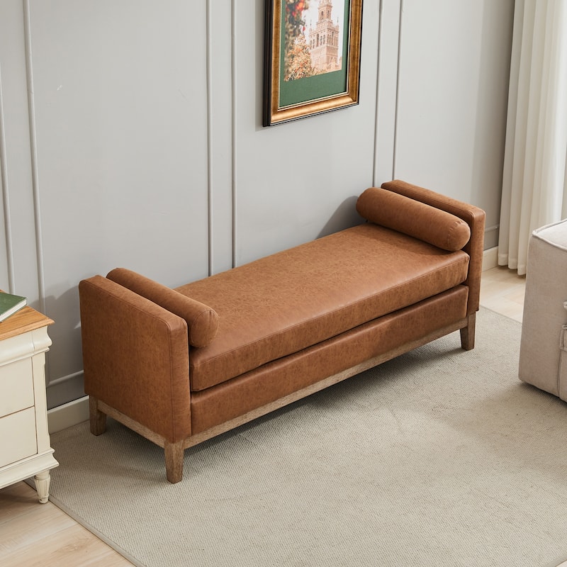 66.34"W Upholstered Bench, End of Bed Bench Ottoman with Wood Legs & 2 Bolster Pillows for Bedroom, Entryway