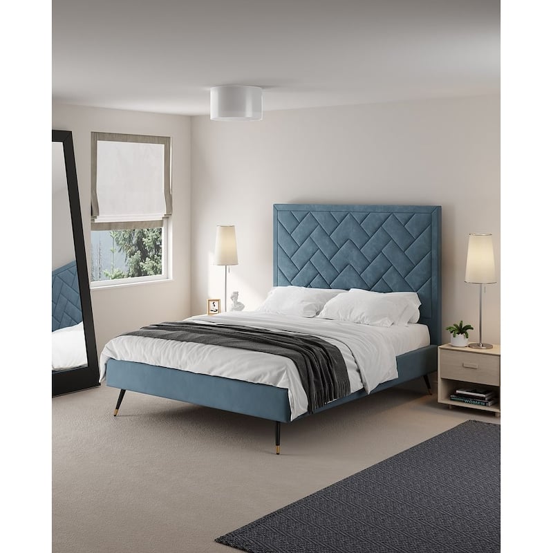 Manhattan Comfort Crosby Modern Velvet Upholstered Bed - Blue - Queen