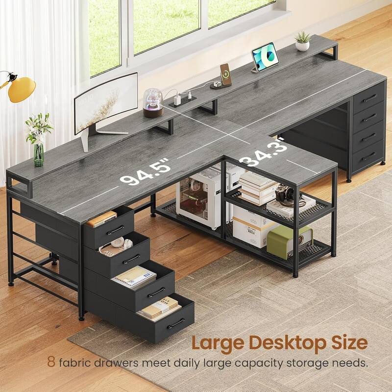 94.5" Two Person Desk with 8 Fabric Drawers Gaming Desk LED Lights