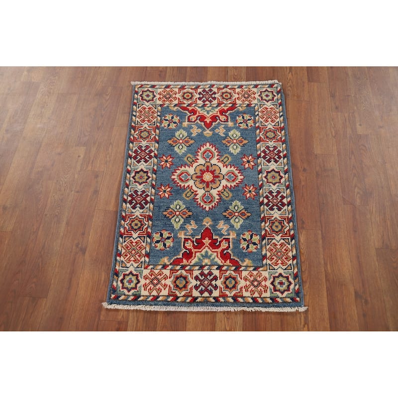 Hand Knotted Oriental 100% Wool Carpet Traditional Geometric Navy Blue & Blues Kazak Area Rug - 2' 11'' X 1' 11''