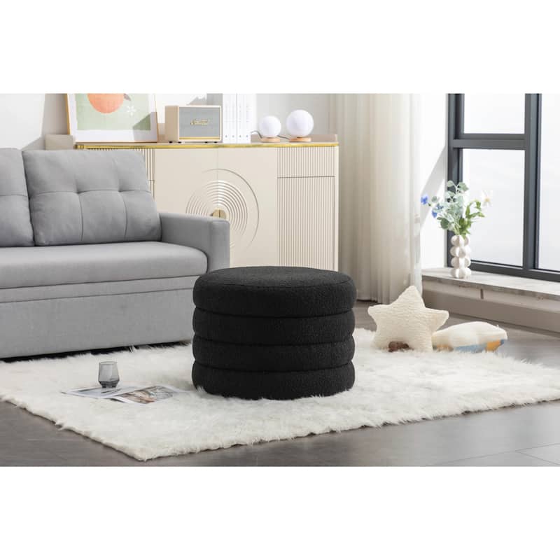 Boucle Fabric Storage Ottoman Footstool with Wooden Shelving