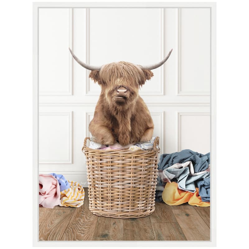 Kate and Laurel Sylvie Highland Cow Traditional Laundry Framed Canvas by Amy Peterson