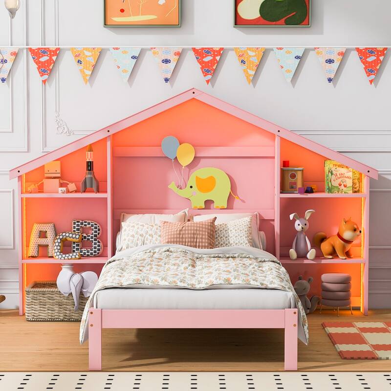 Platform Bed with House-Shaped Storage Headboard and Built-In LED