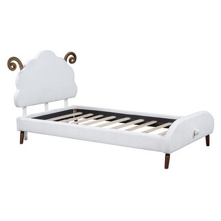 Twin Upholstered Bed White Platform Bed with Sheep-shaped Headboard