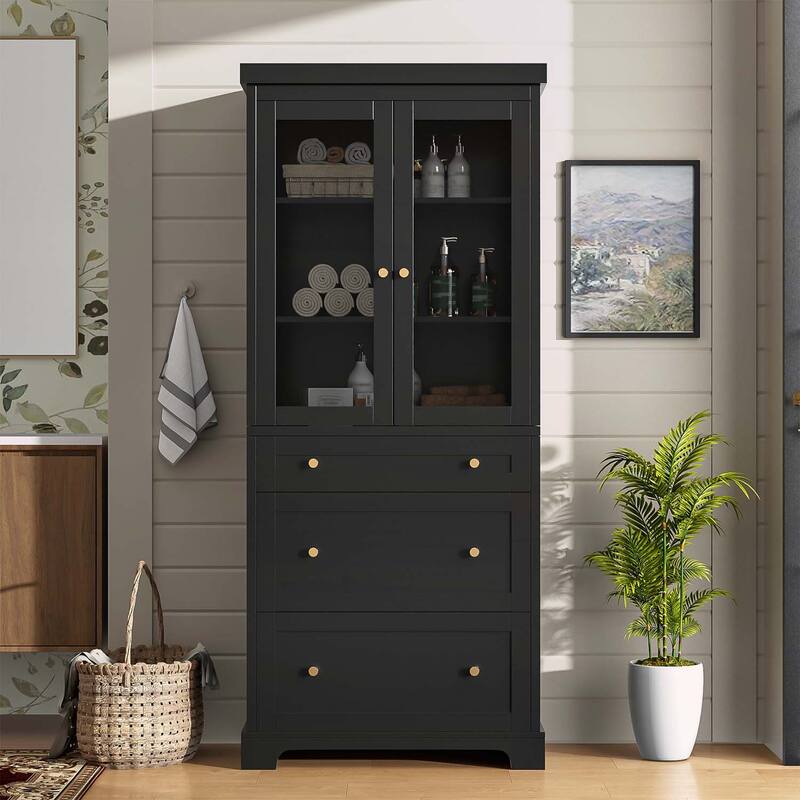 Modern High Freestanding Tall Bathroom Cabinet with 2 Adjustable Shelves,3 Drawers - Black