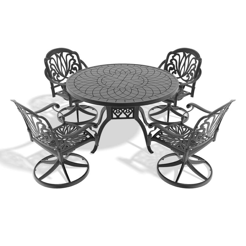 5 Pcs Aluminum Outdoor Dining Set, All-Weather Patio Furniture Set with 4 Cushioned Swivel Rocker Chairs and Round Table