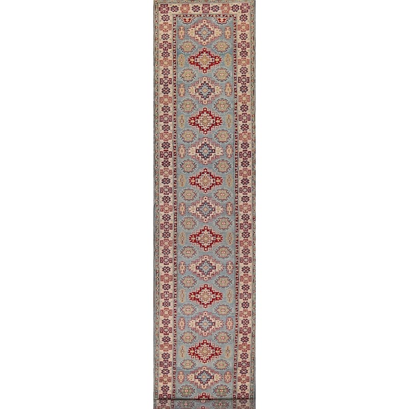 Light Blue Kazak Runner Rug Handmade Geometric Wool Carpet - 2'9" x 16'2"