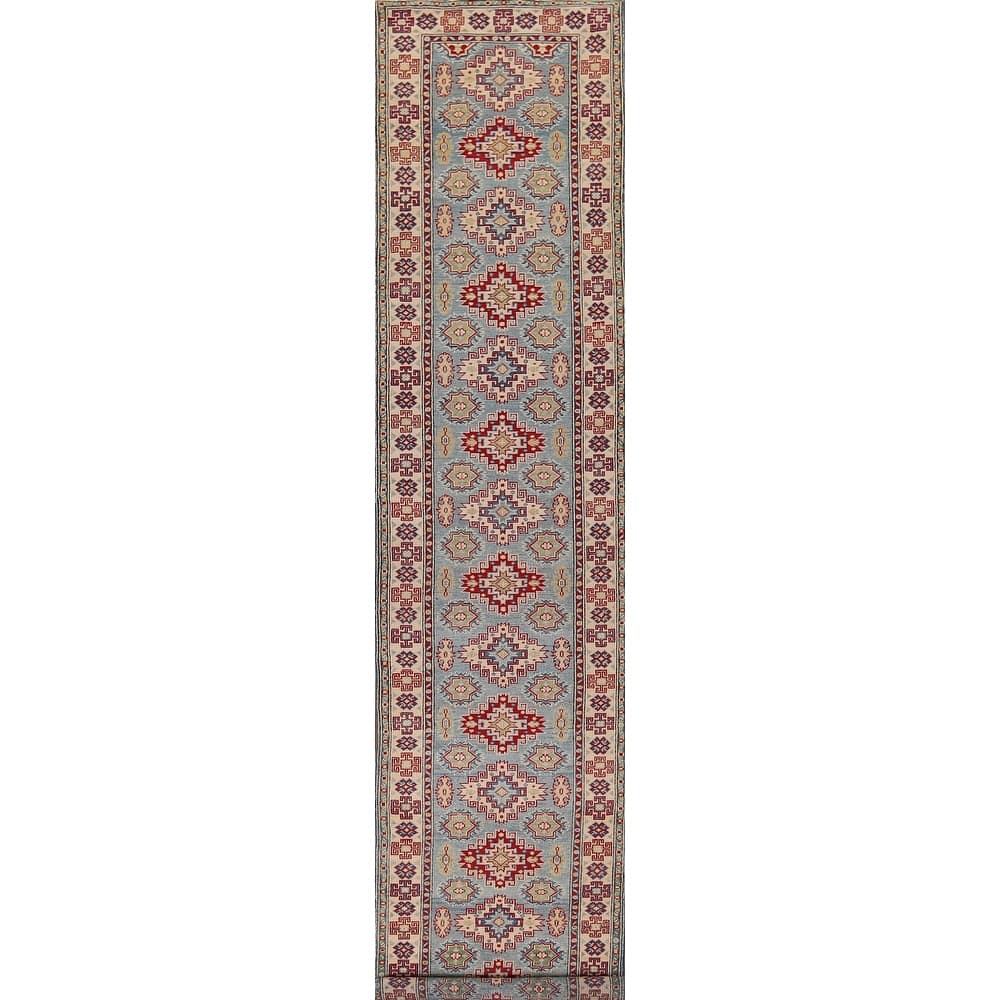 Light Blue Kazak Runner Rug Handmade Geometric Wool Carpet - 2'9" x 16'2"