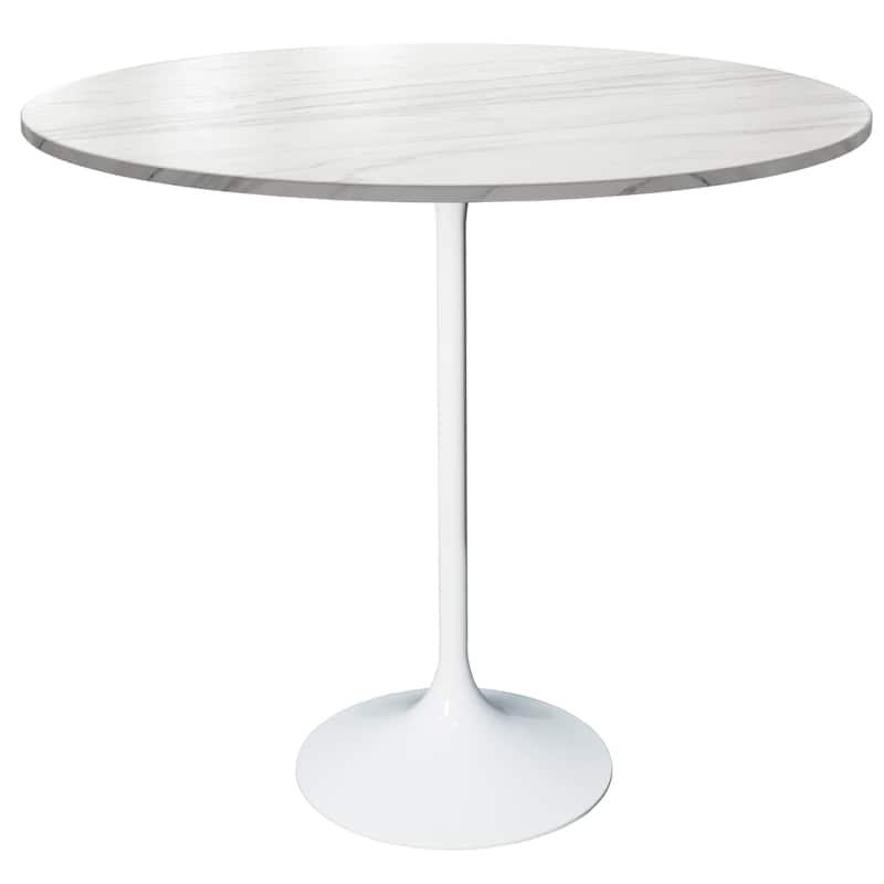 LeisureMod Verve 48" Round Bar Dining Table with Stone TableTop and White Steel Base for Kitchen & Dining Room - Marble White