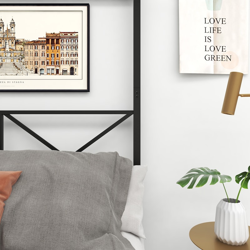 Queen Size Metal Canopy Bed Frame with X Shaped Design, No Box Spring Needed, Under Bed Storage