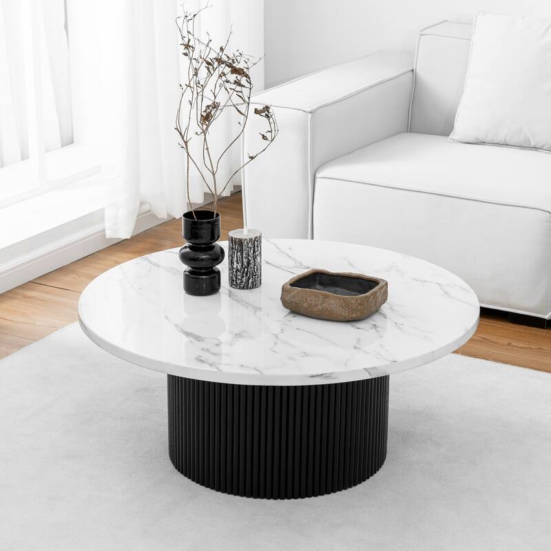 Modern Round Coffee Table with Solid Wood Fluted Design