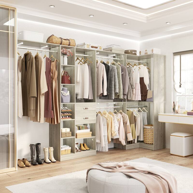 Rackcog 63’‘ - 127.5'' Closet System with Hanging Rods, Set of 2 Corner Closet Organizer with Drawers and Shelves