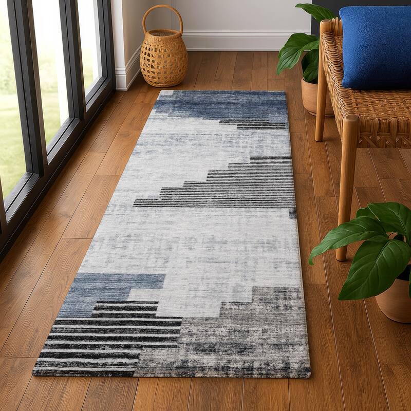 Premium Washable Super Soft Geo Global Mayfield Rug - 2'3" x 7'6" - Blue