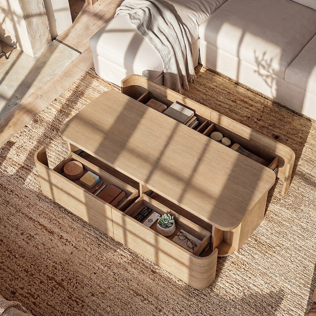 Coffee Table with Hidden Drawers, 55" Storage Coffee Table with Rounded Corners, Engineered Wood Veneer Living Room Center Table