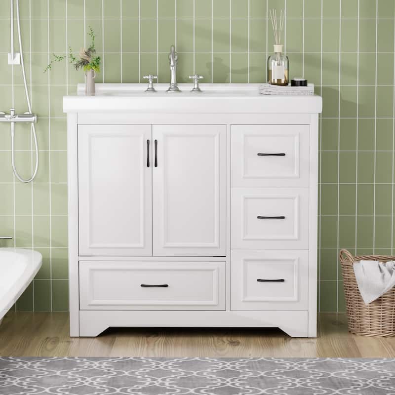Bathroom Vanity with Single Sink, Undermount Bathroom Sink Cabinet, Freestanding Bathroom Cabinets with Double Door & 4 Drawers - White