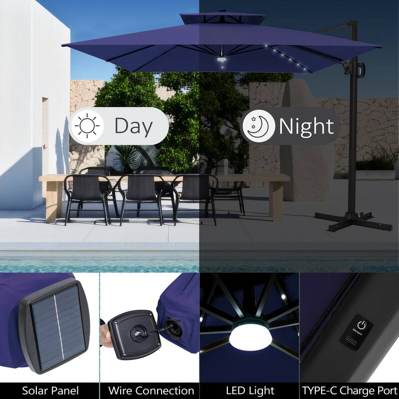 11 FT Square Outdoor Patio Cantilever Umbrella with Solar Lights 4-Piece Premium Base Double Canopy 360 Rotation Tilt