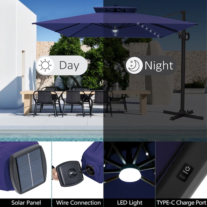 Pellebant 11X11 FT Outdoor Square Cantilever Patio Umbrella Solar LED Lighted with HDPE Base