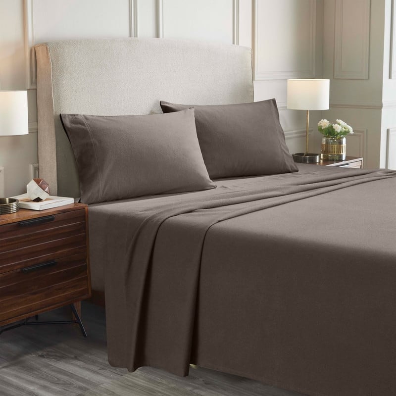 Superior Solid Flannel Cotton Fuzzy Deep Pocket Sheet Set - Charcoal - Split King