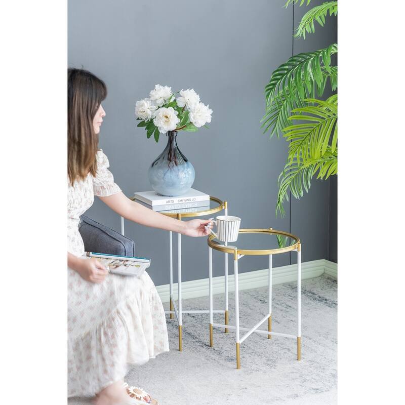 Nesting Side Tables Set of 2 with Glass Tops and Metal Frame