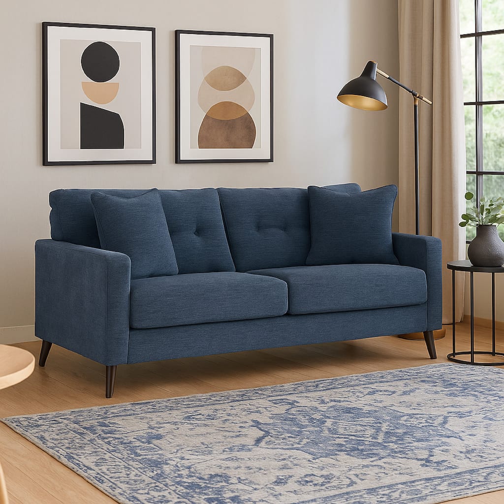 Bixy Sofa, 79 Inch Dark Blue, Track Armrests, 2 Accent Throw Pillows