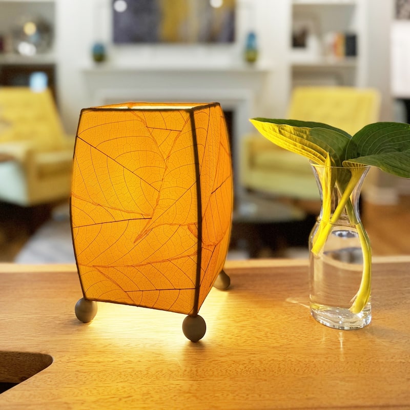 Handmade Mini Square Cocoa Leaf Table Lamp, Cocoa Leaves Shade, 6 x 6 x 9 in.