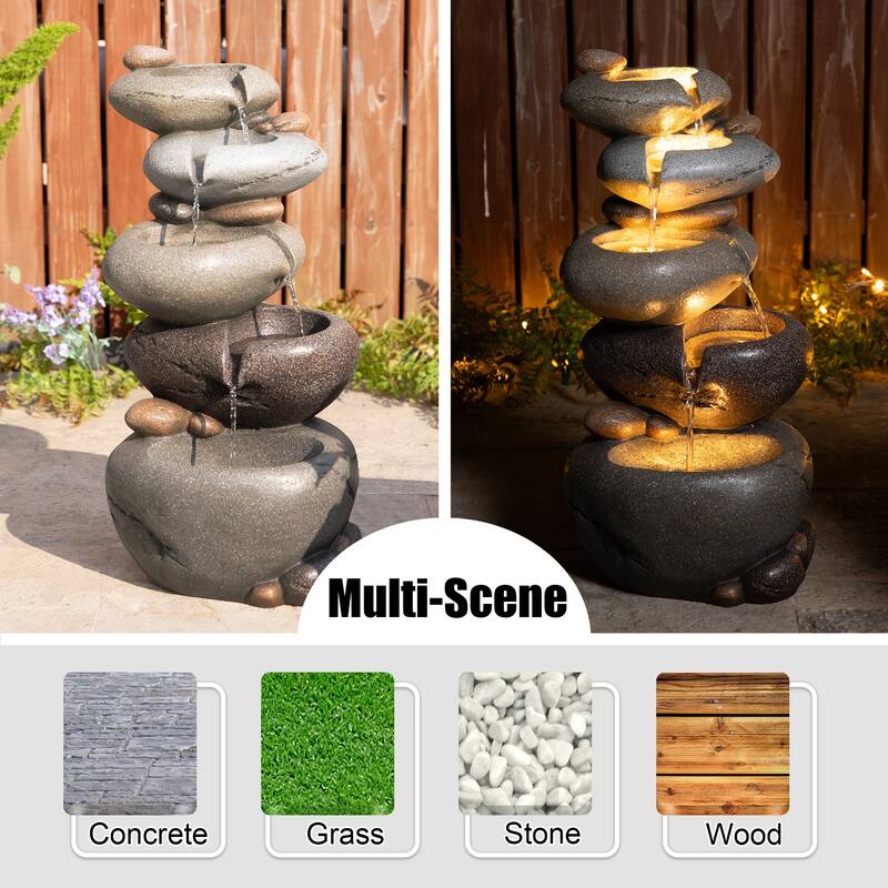 Glitzhome 24.5"H 5-Tiered Zen Style Stacked Pebbles Polyresin Outdoor Fountain with Pump and LED Light