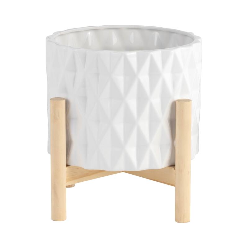 Sagebrook Home Ceramic Planter on Pine Wood Stand - Enhance Your Living Space - Garden Chic Decor
