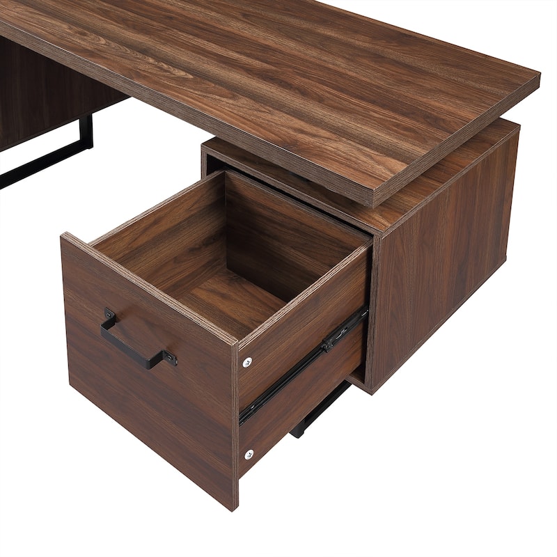 Roomfitters Home Office Desk with Drawers, 59" Writing Table with Hanging File Storage, Study Workstation, Walnut