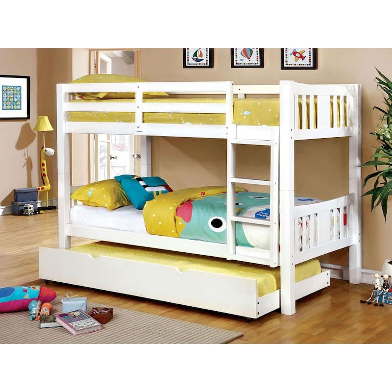 Twin Over Twin Wooden Bunk Bed with Attached Ladder and Lock Joint, White - White