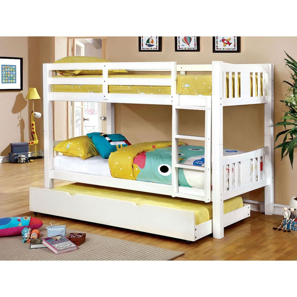 Twin Over Twin Wooden Bunk Bed with Attached Ladder and Lock Joint, White