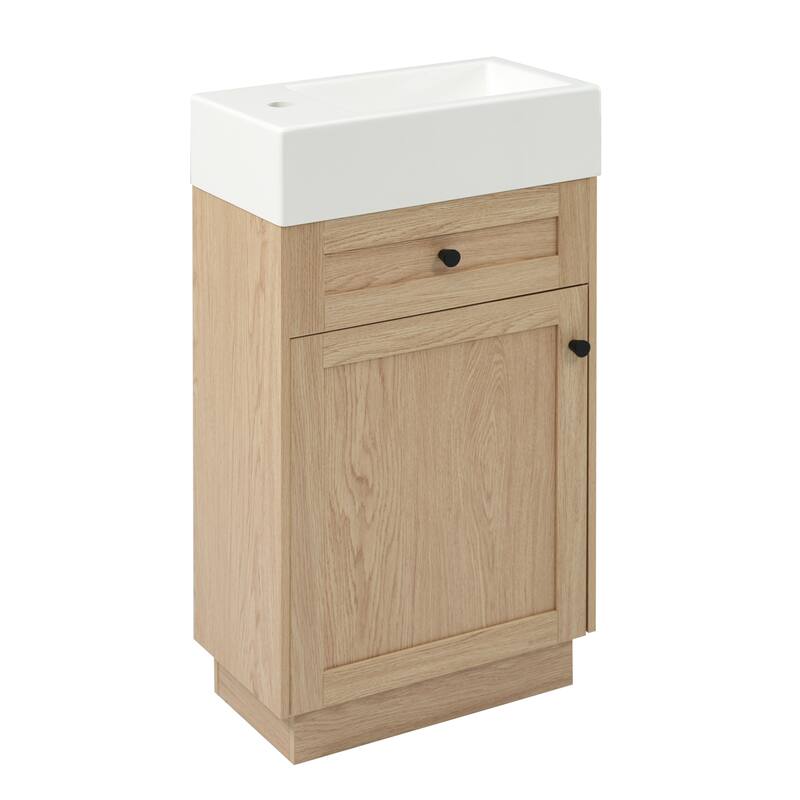 18.5"Bathroom Vanity with Resin Sink, MDF Cabinet with Adjustable Shelf, Wood Grain Melamine Finish, Reversible Door