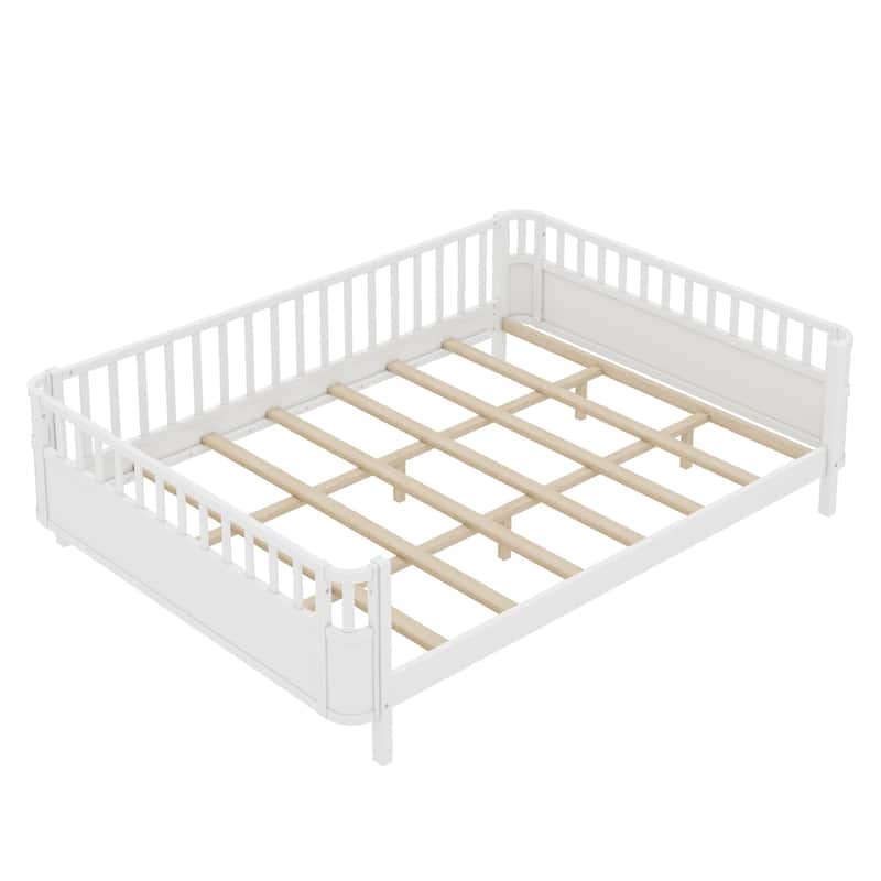 Multi Size Low Platform Bed for Kids with Rounded Corners Guardrails, Detachable Right-side Fence and Open Left-side Design