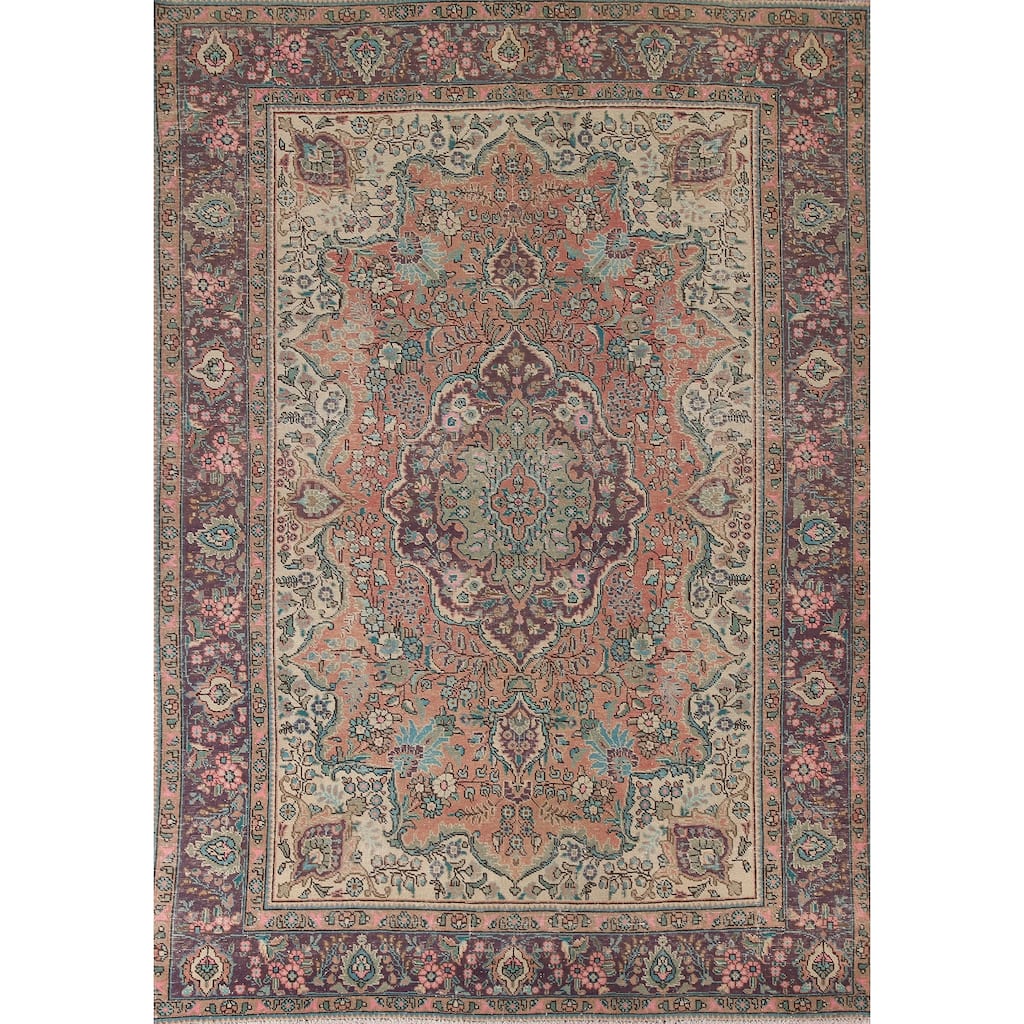 Hand Knotted Oriental 100% Wool Carpet Traditional Floral Coral Tabriz Area Rug - 9' 6'' X 6' 7''