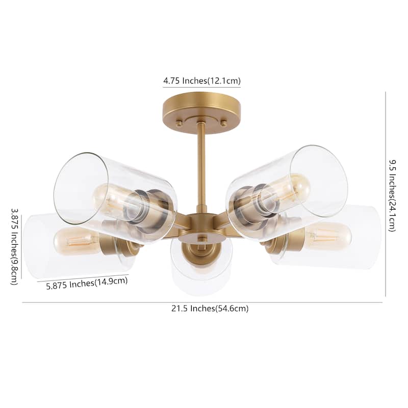 Jaynie 21.5" 5-Light Farmhouse Industrial Iron Cylinder LED Semi Flush Mount, Brass Gold/Clear by JONATHAN Y
