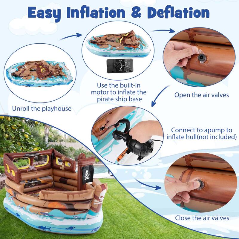 Pirate Ship Bounce House Inflatable Bouncy Castle w/ Built-in Motor - Brown