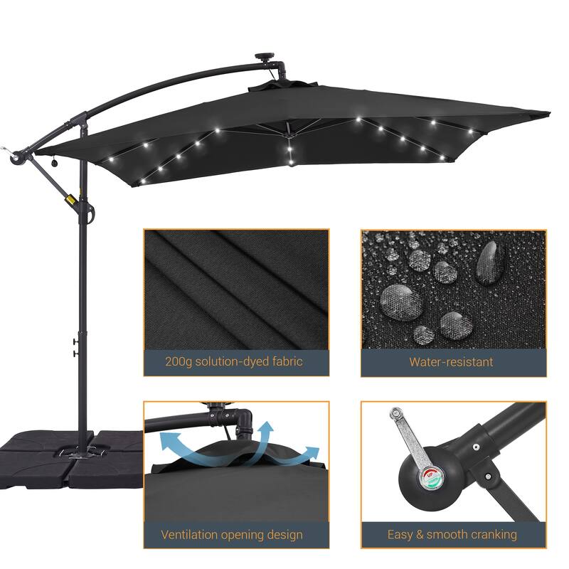 LIVOOSUN Solar Powered 8.2ft LED Patio Offset Umbrella With Base