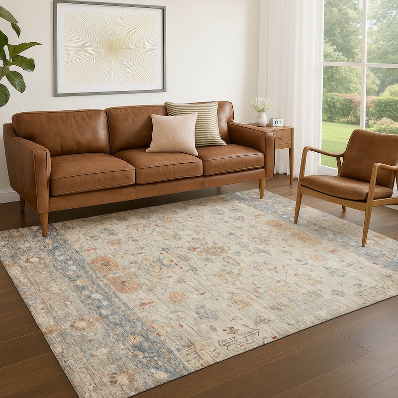 Machine Washable Indoor/ Outdoor Traditional Border Chantille Rug