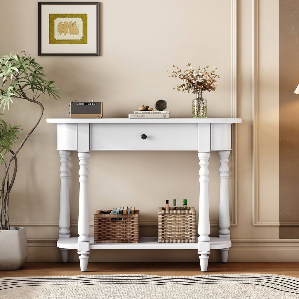 Narrow Console Table with Curved Corner(White) - Overstock - 42893951