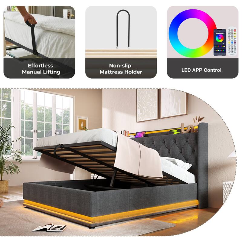 Gray Queen Size Upholstered Platform Bed with 360 LED Function and USB-C Charging
