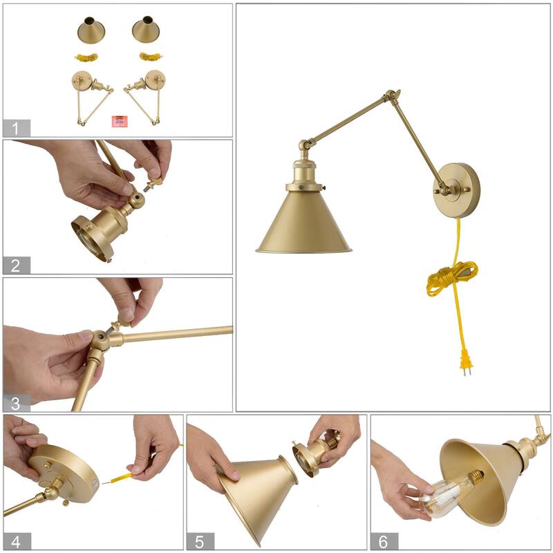 Set of 2 Mid-Century Modern Plug-in Gold Swing Arm Light Wall Sconce
