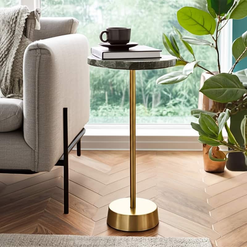 Stone Metal Side Table Modern Round Top Pedestal Base - 24" Green - 24.0"