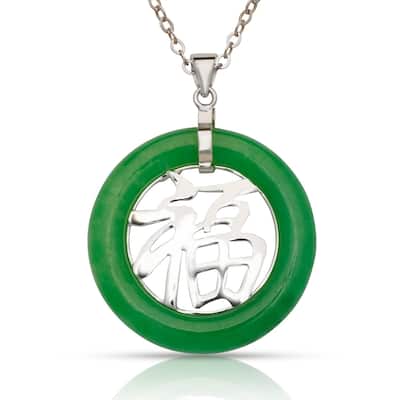 Curata 925 Sterling Silver 18" Mens Green Jade Large Good Luck Circle Necklace - 30x43mm