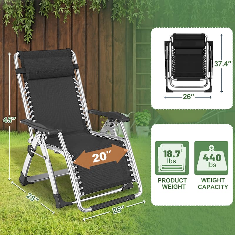 Folding Adjustable Zero Gravity Chair, with PIllow and Cushion, Black
