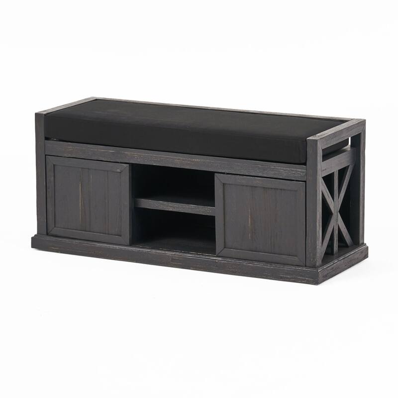 Entryway Bench with Storage and Cushion, Shoe Bench Sliding Door, Shoe Rack Organizer with Adjustable Shelves, 2 Open Shelves