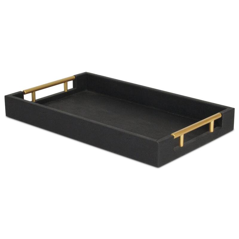 HomeRoots 16" Black Wood and Vinyl Faux Shagreen Serving Tray With Gold Handles - 15.75 in. x 1.75 in. x 9.50 in.