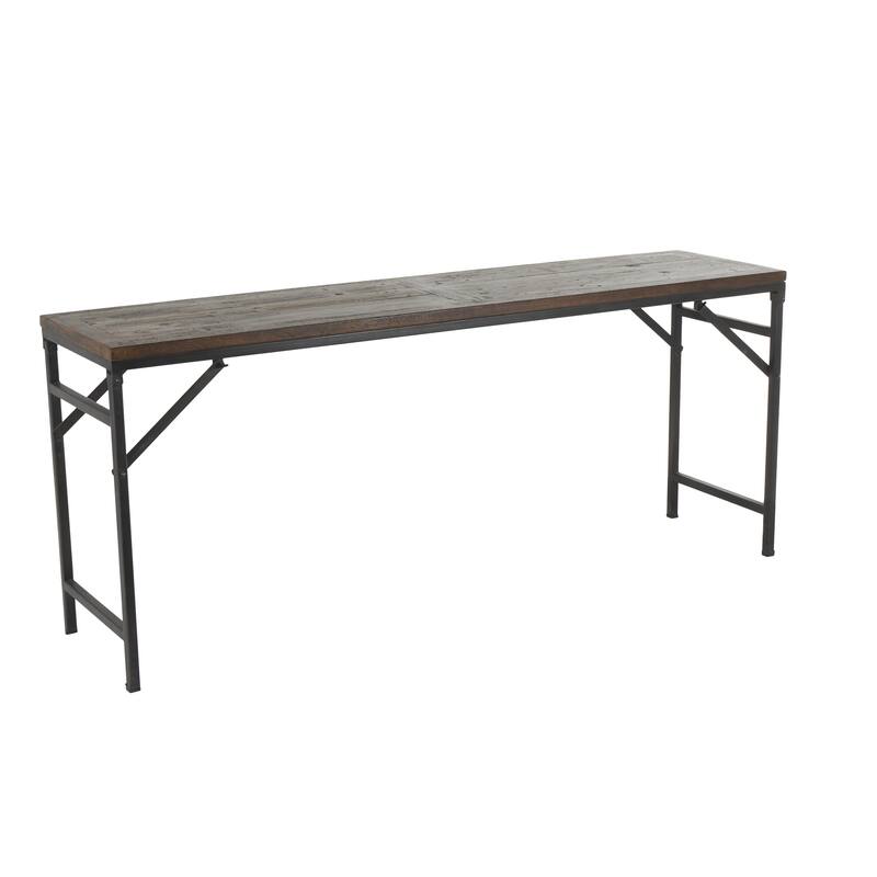 Dark Brown Teak Wood Long Living Room Console Table with Black Metal Legs